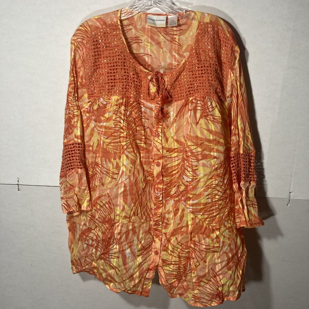 Alfred Dunner Orange Multicolor Foliage Scoop Neck 3/4 SleeveButton Up  Top  24W